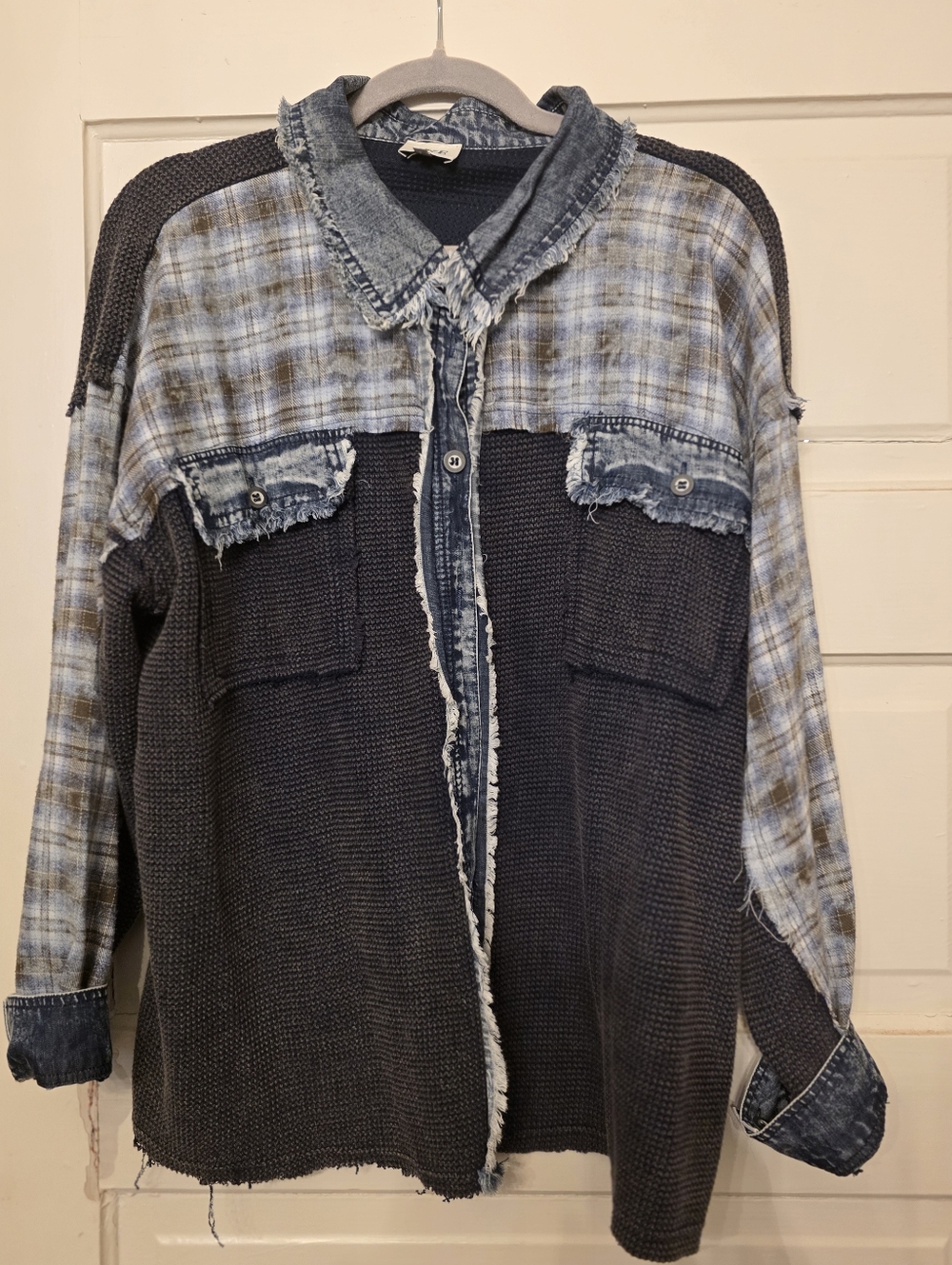 BKE Mixed-Media Denim & Plaid Button-Up Shacket - Blue